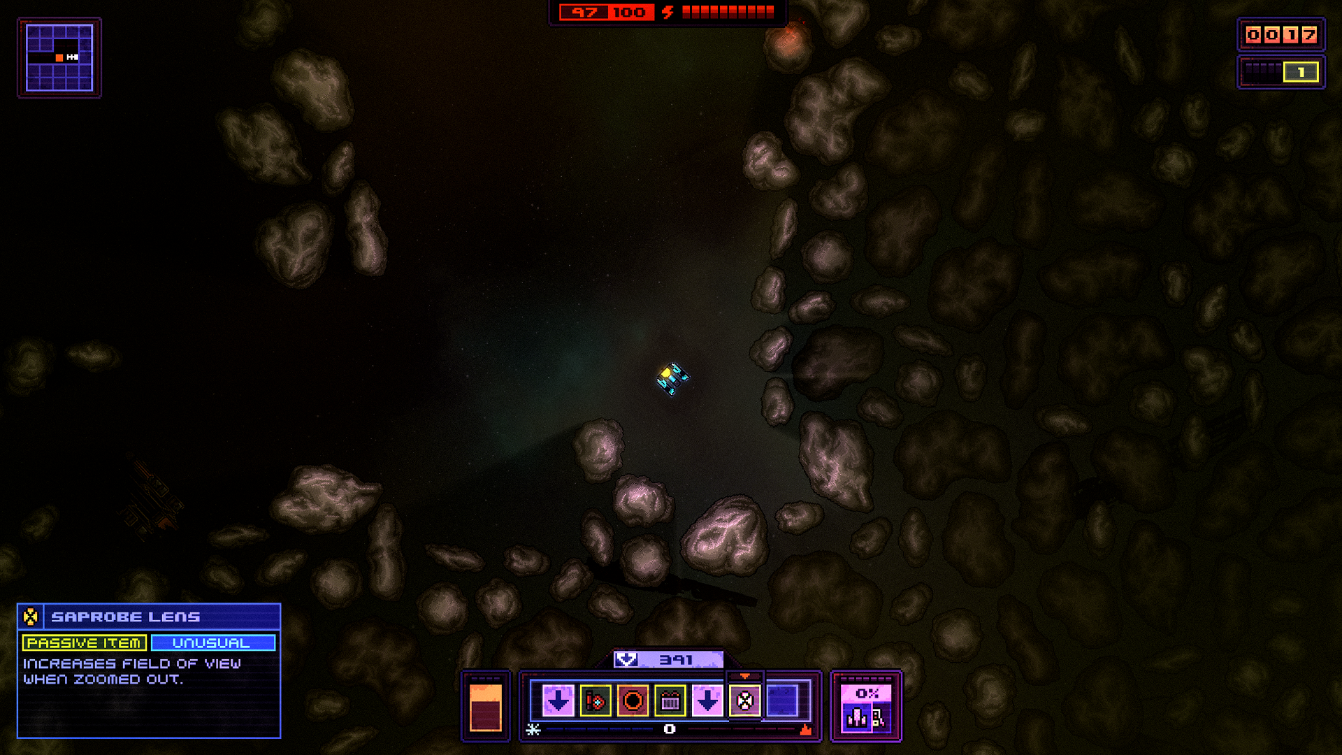 Devoid Gameplay - Player inspecting gear in the Space Dungeon