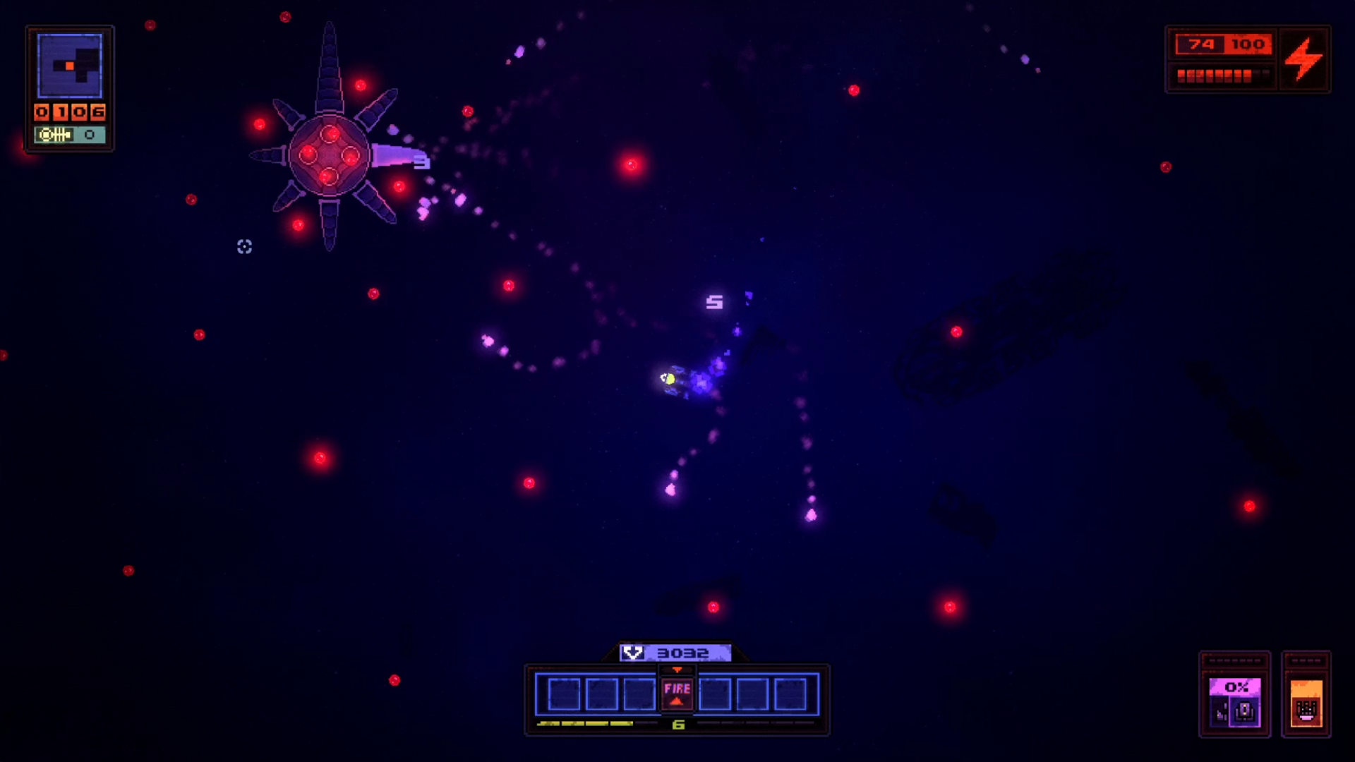 Devoid boss fight: Spaceship in bullet-hell combat against enemy in space survival game.