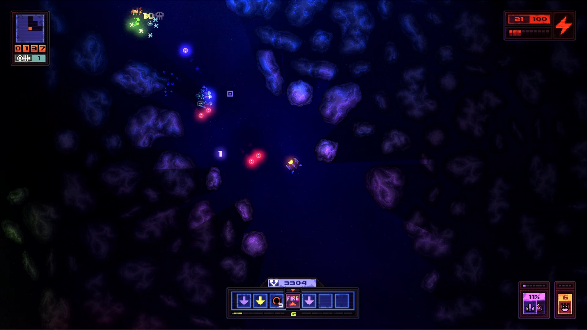Devoid intense combat scene: Pilot ship crashing into space goblin enemies inside a procedurally generated space dungeon corridor