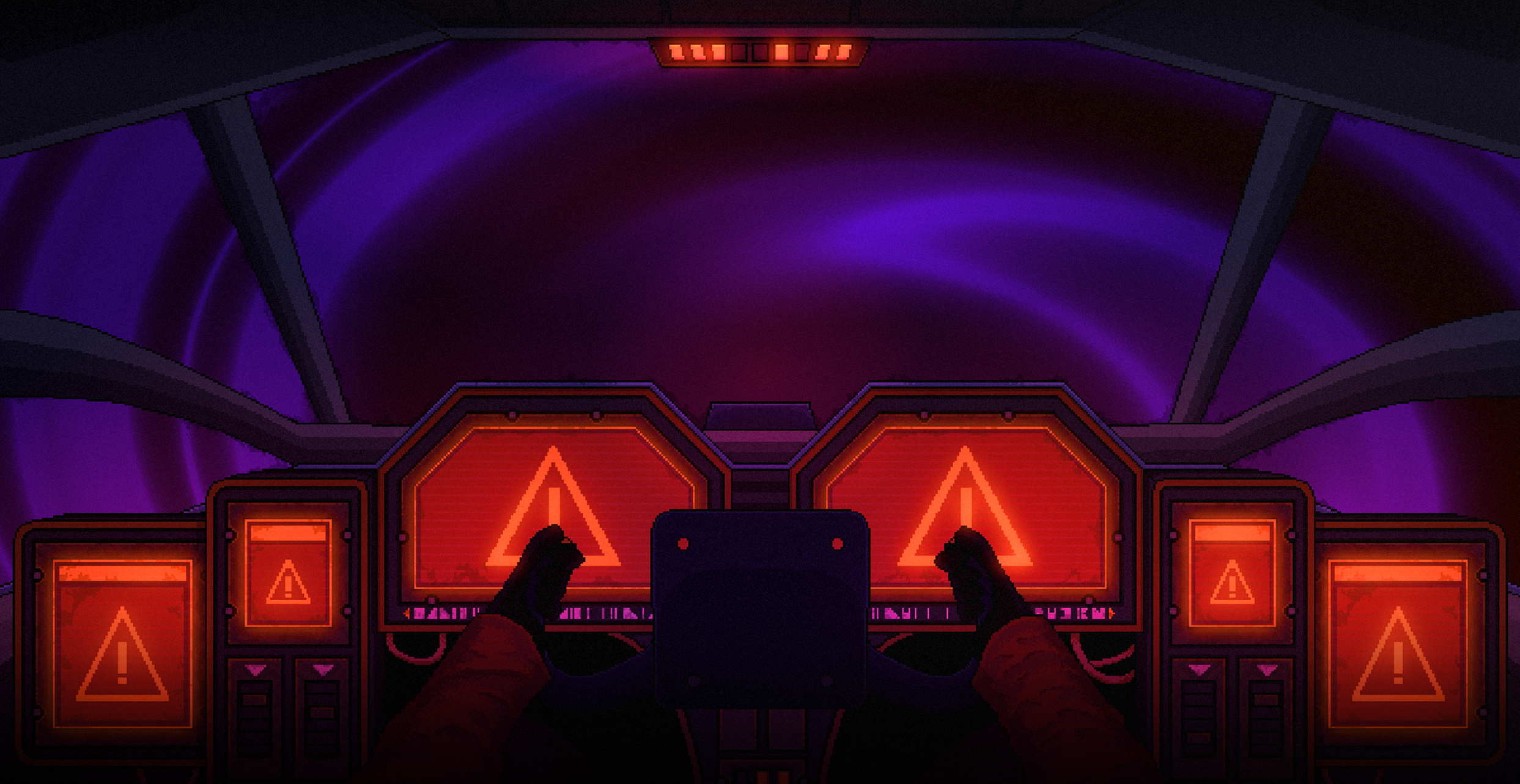 Devoid cutscene: Interior of pixel art spaceship cockpit