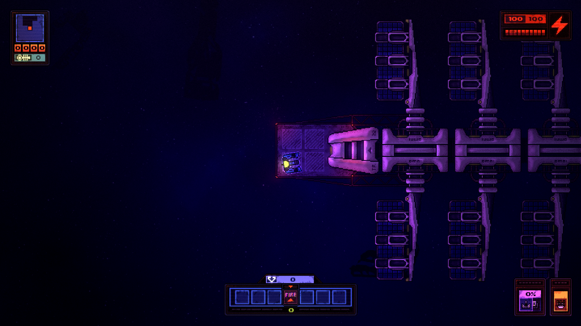 Devoid gameplay: Wide view of spaceship docking at space station in survival twin-stick shooter.