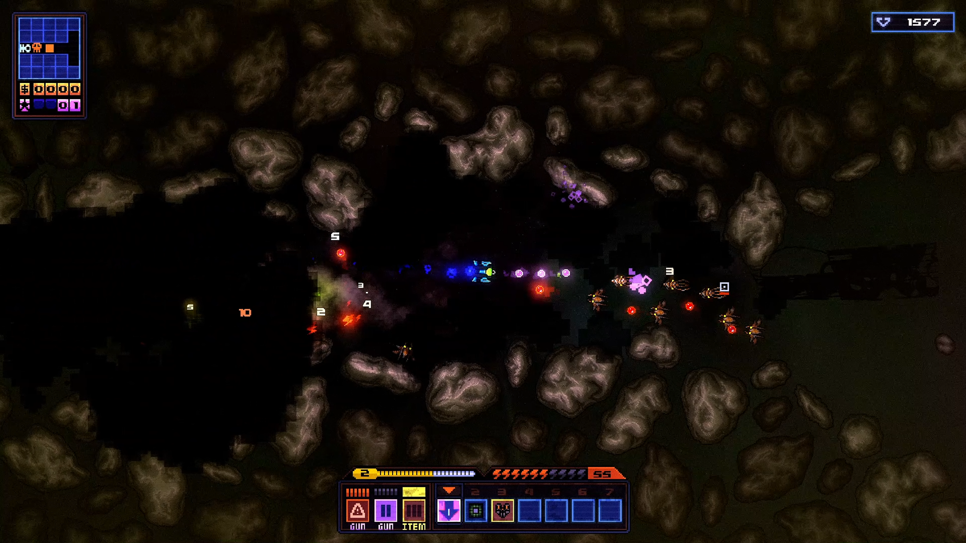 Devoid combat gameplay: Pilot battling saprobe enemies in a space dungeon encounter