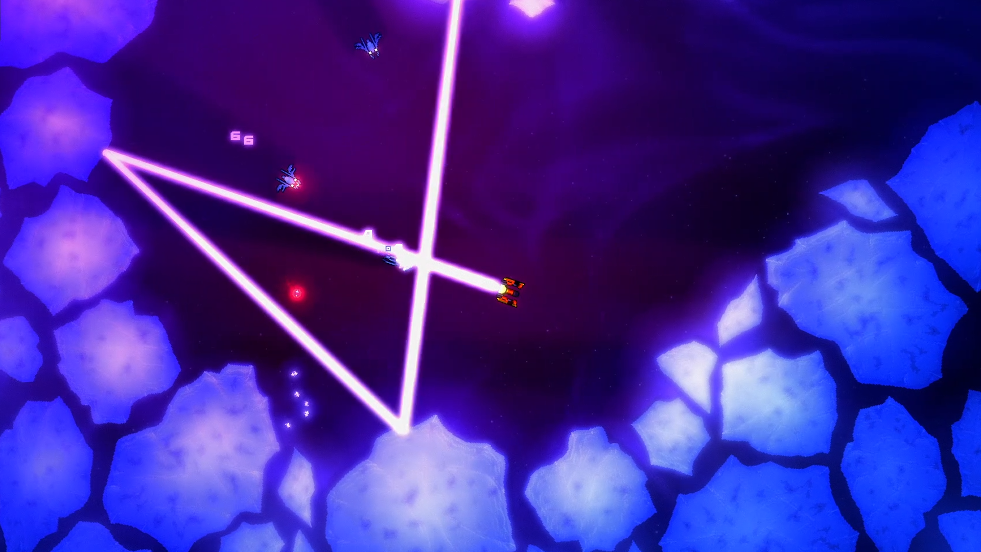 Devoid Game laser reflecting off icebergs in space dungeon