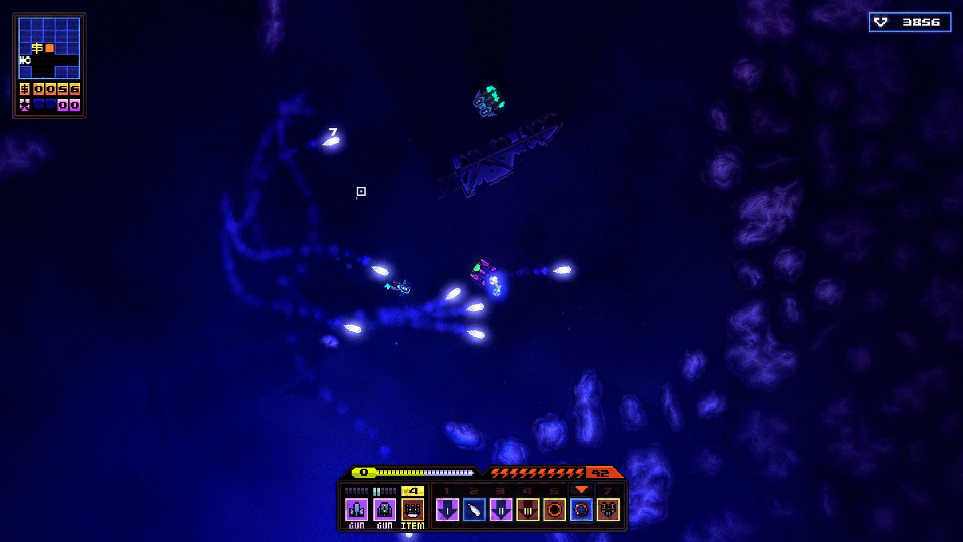 Devoid combat gameplay: Pilot firing a torpedo at swarming space goblin enemies