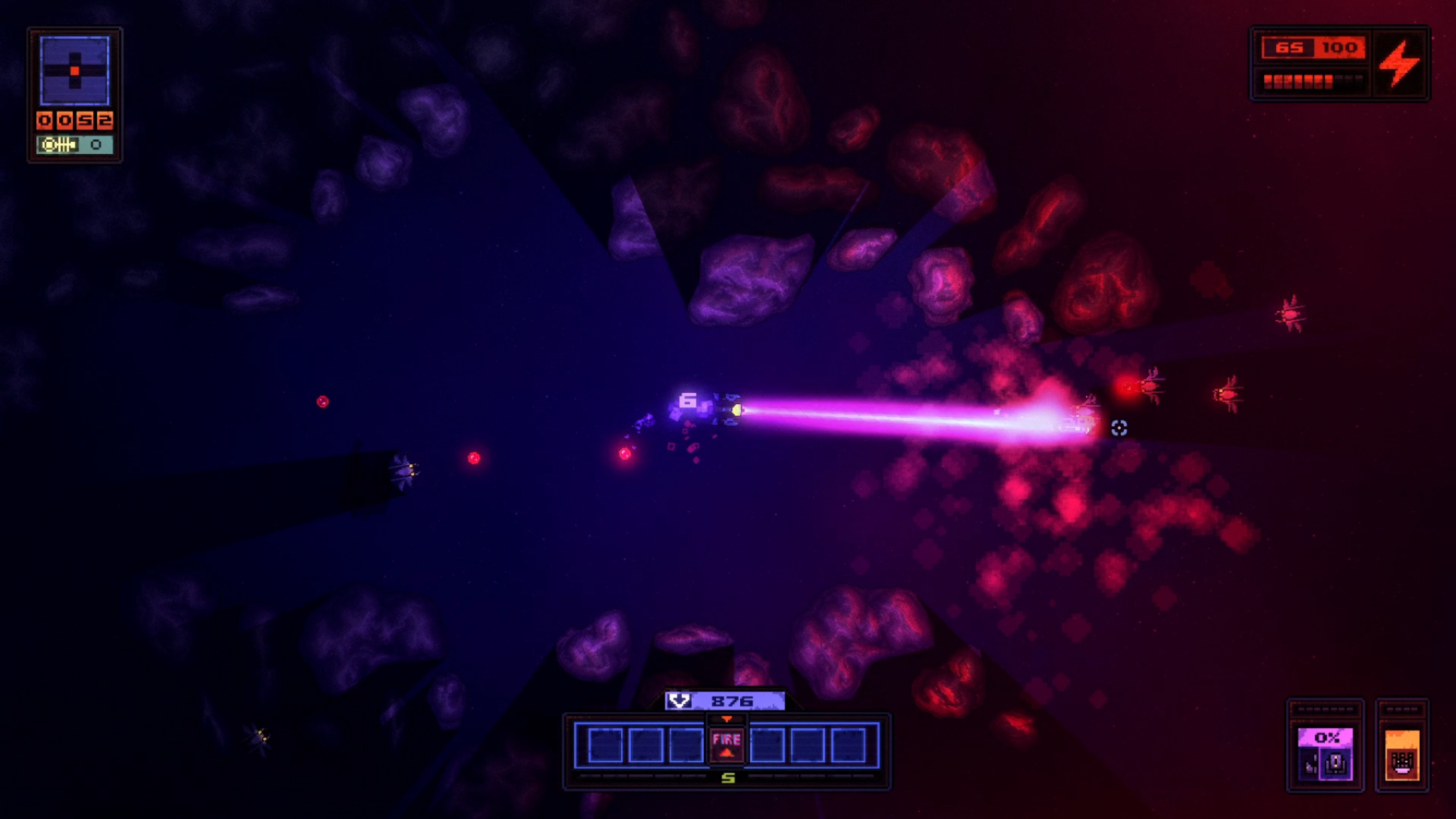 Devoid gameplay screenshot: Spaceship firing a laser with dynamic lighting in intense space survival combat.