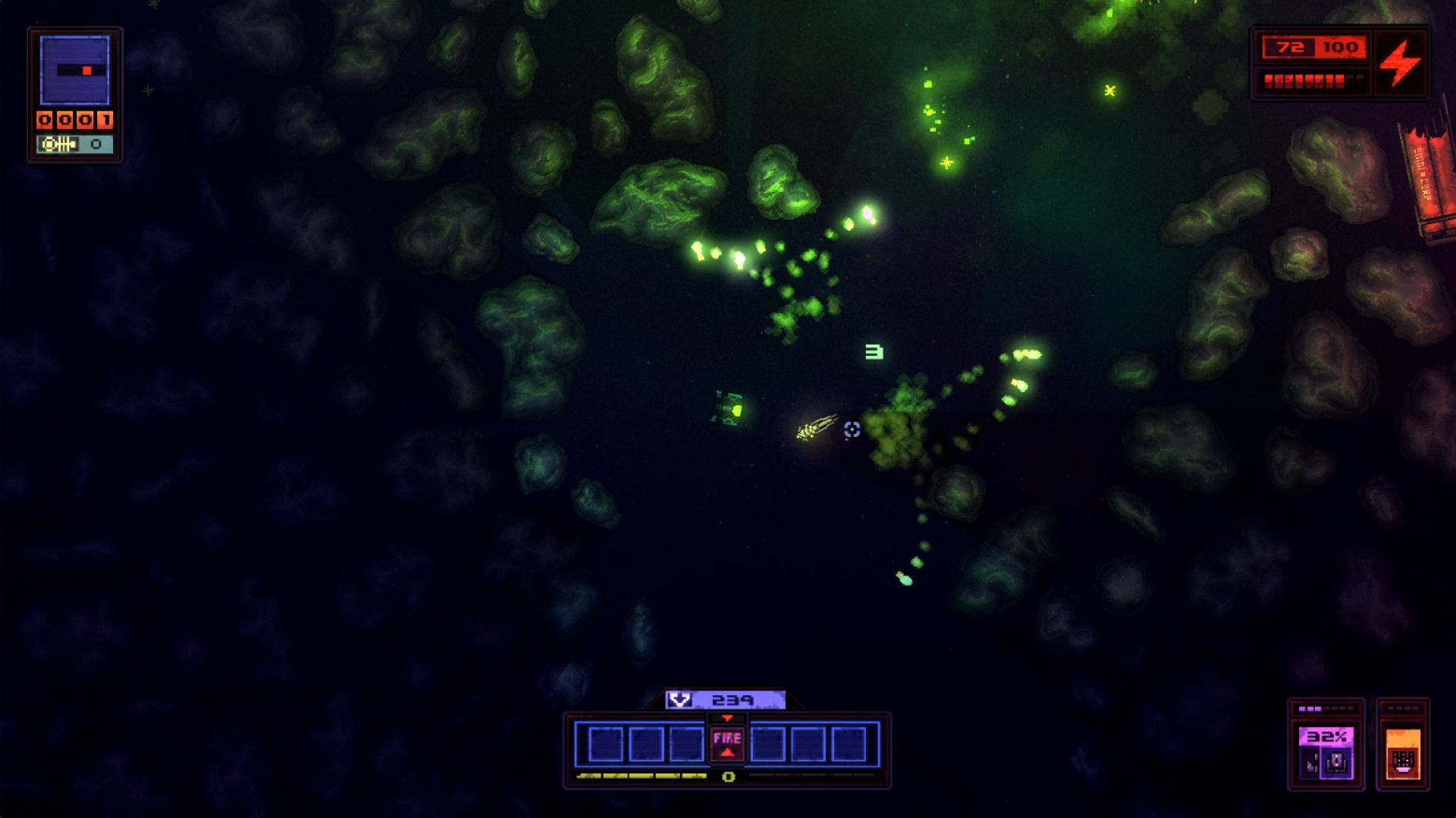 Devoid gameplay: Exploring space-like dungeon with asteroid barriers all around.