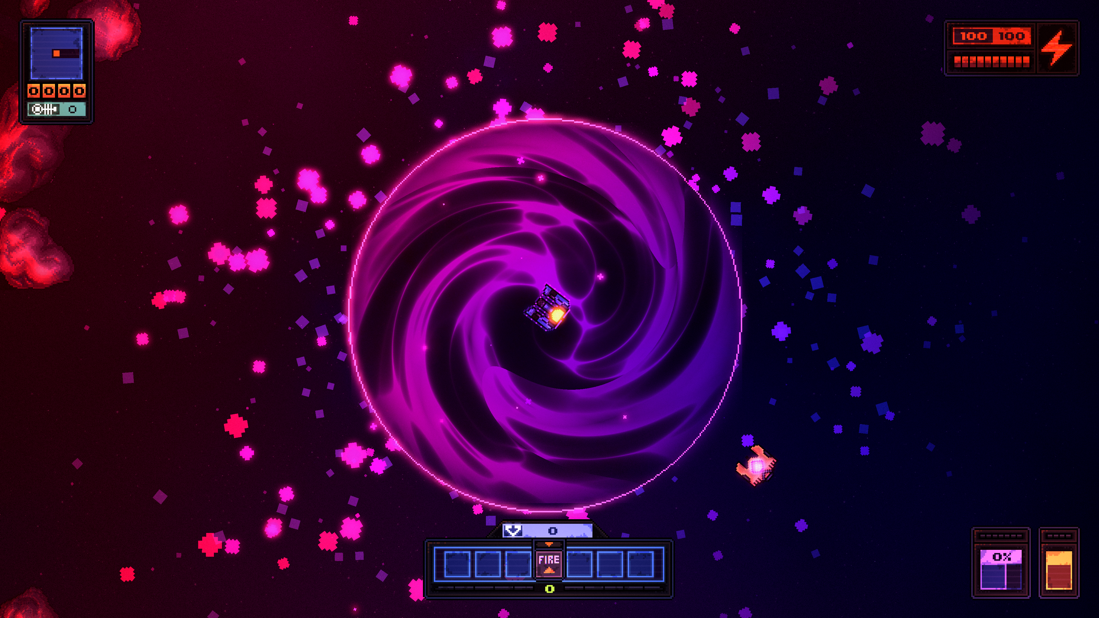 Devoid gameplay: Pilot ship entering a glowing wormhole in deep space, transitioning into the mysterious space dungeon realm