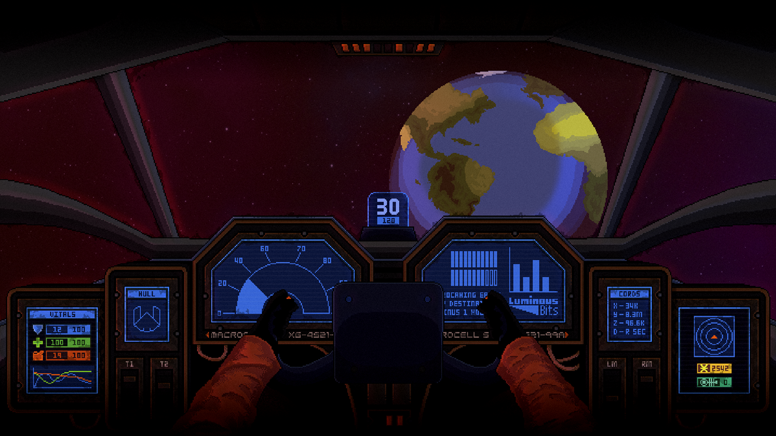 Devoid cutscene: Interior of pixel art spaceship cockpit